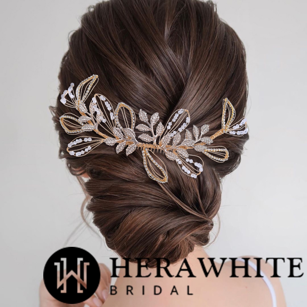 Rhinestones Gold Metallic Leaf Bridal Comb