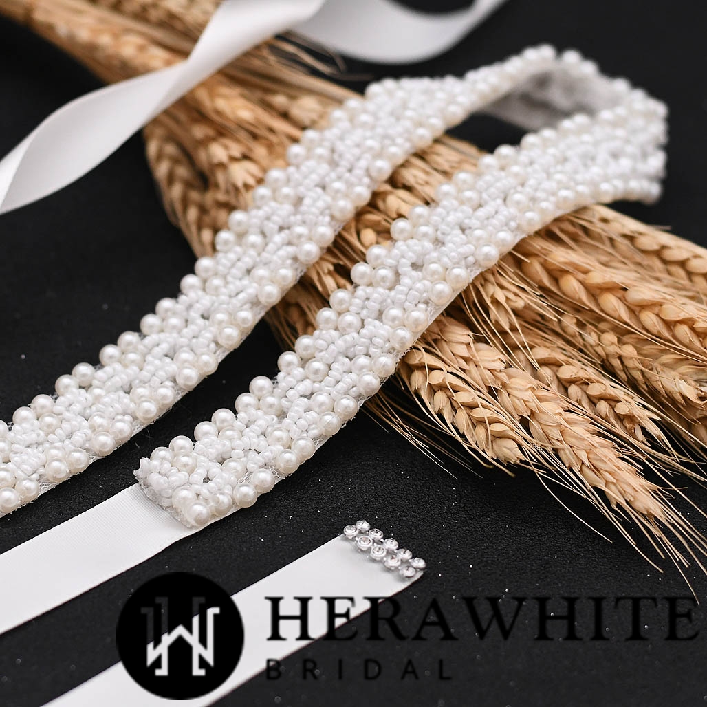 Allover Beaded Pearl Bridal Sash