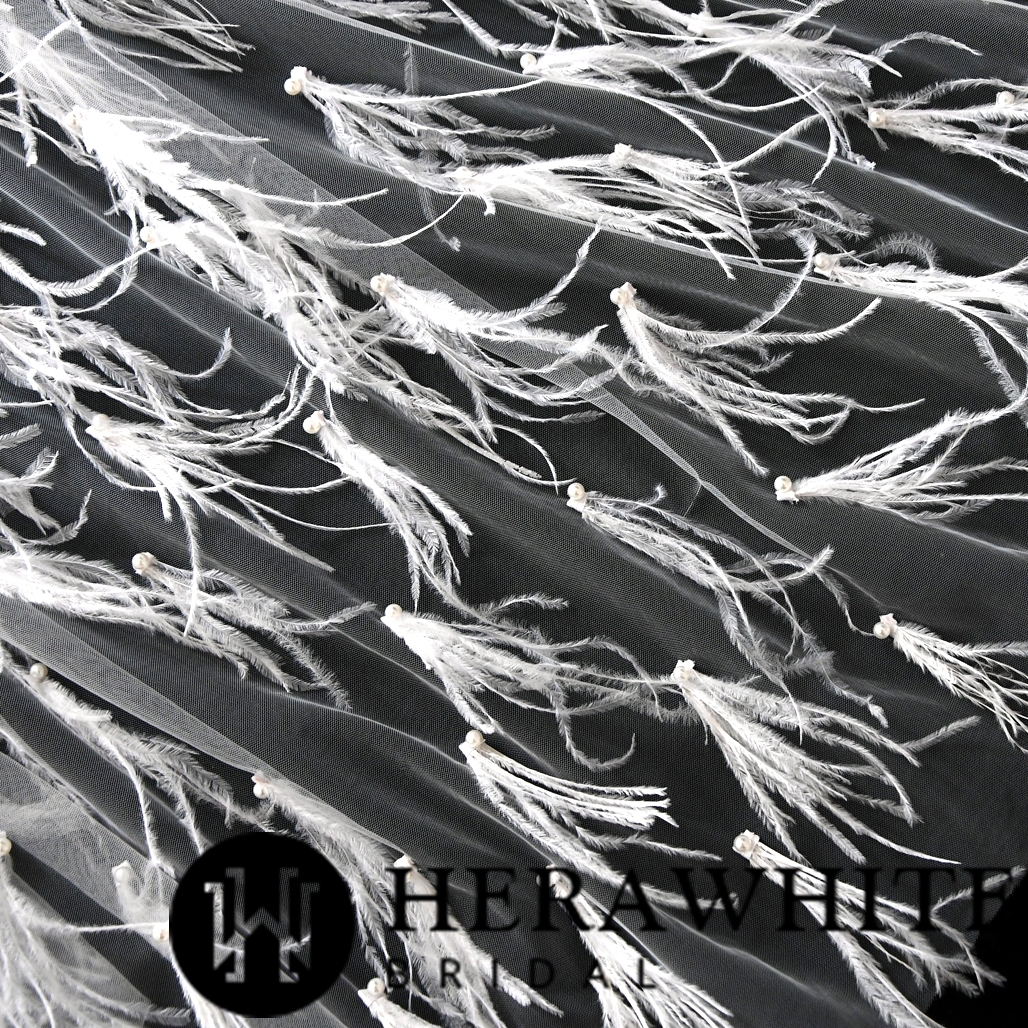 Feather Tulle Cathedral Length Bridal Veil With Hair Comb