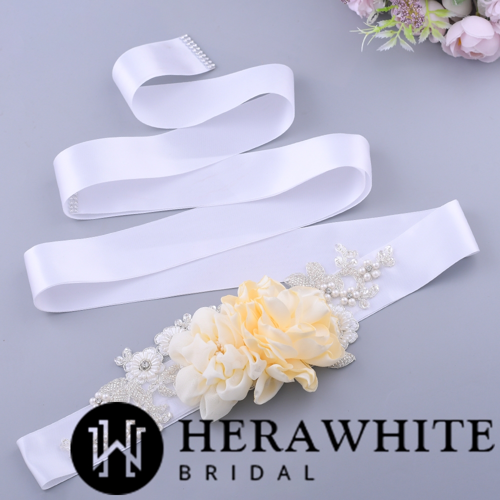 Chiffon Floral Pearl Beaded Bridal Ribbon Sash