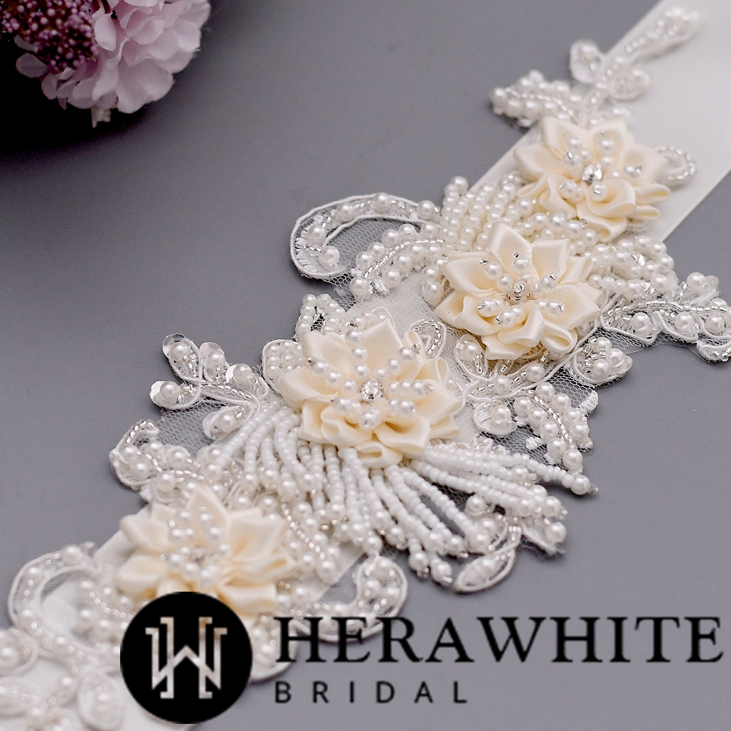 Romantic Flowers Pearl Beaded Satin Bridal Sash
