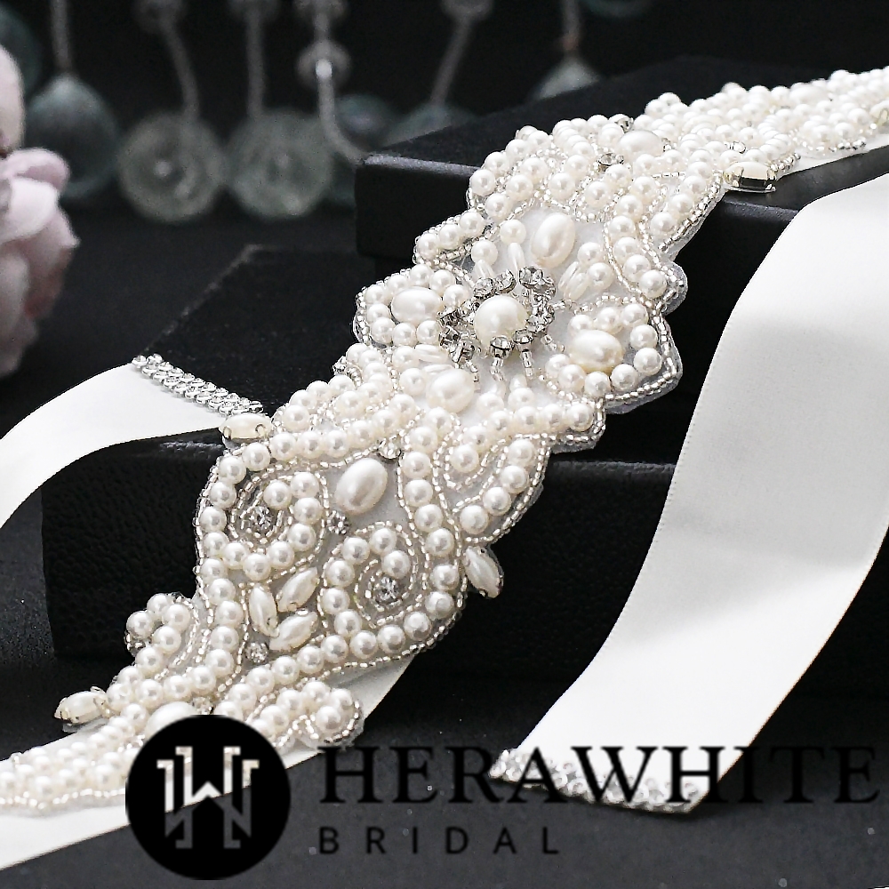 Allover Beaded Pearl and Crystal Bridal Sash
