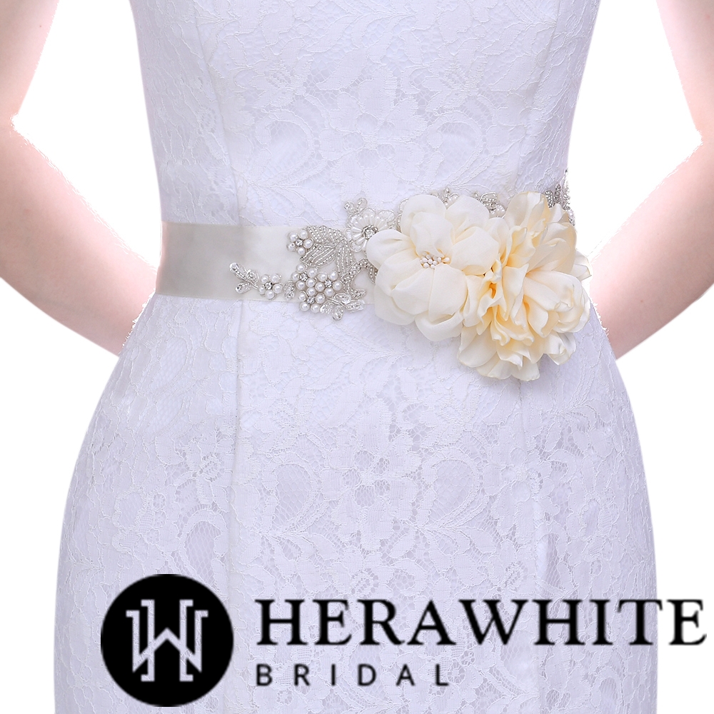 Chiffon Floral Pearl Beaded Bridal Ribbon Sash