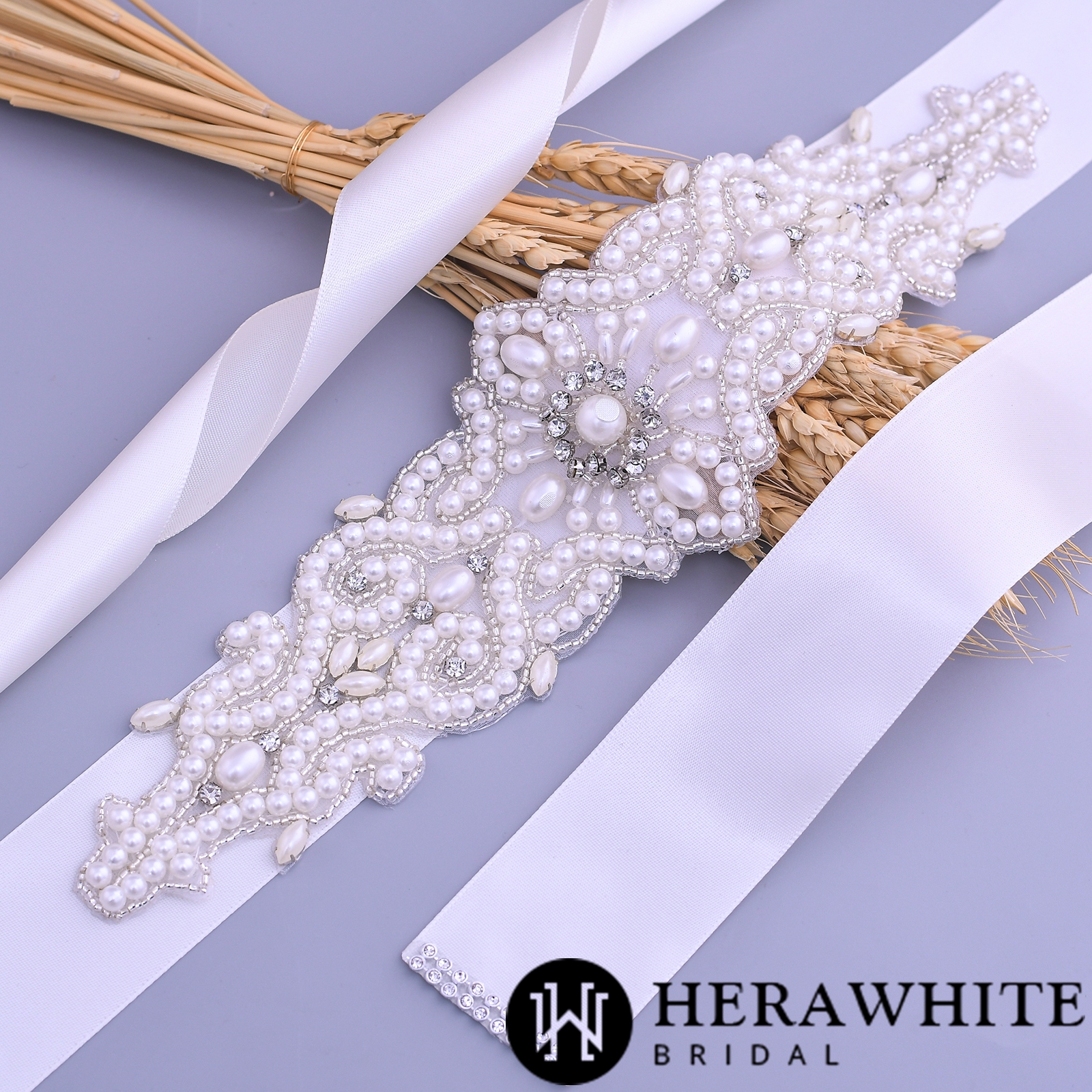 Allover Beaded Pearl and Crystal Bridal Sash