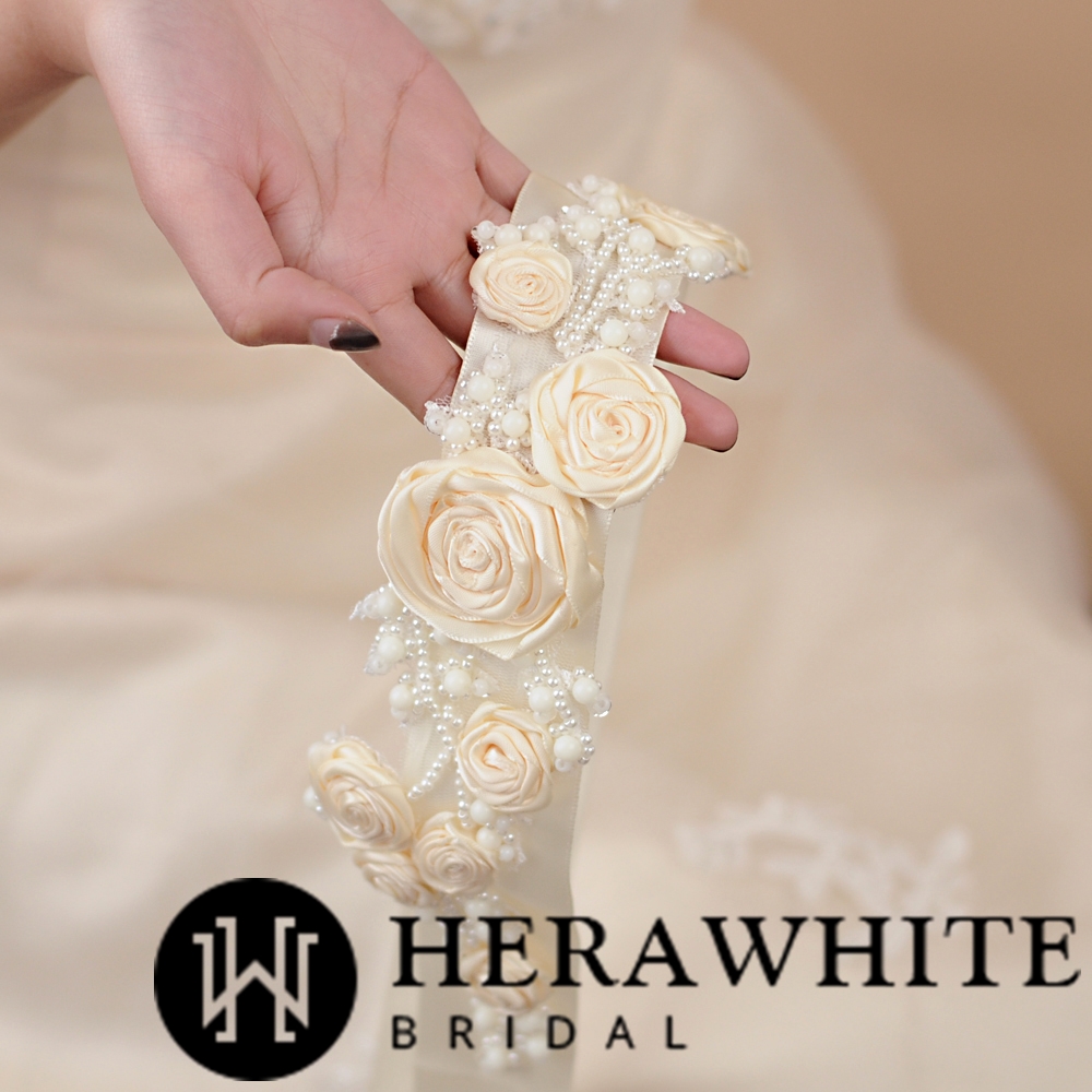 Flowers Satin Bridal Sash with Beads Detail