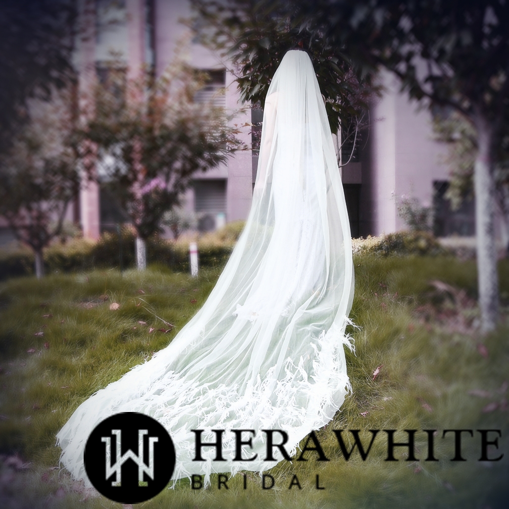 Feather Tulle Cathedral Length Bridal Veil With Hair Comb