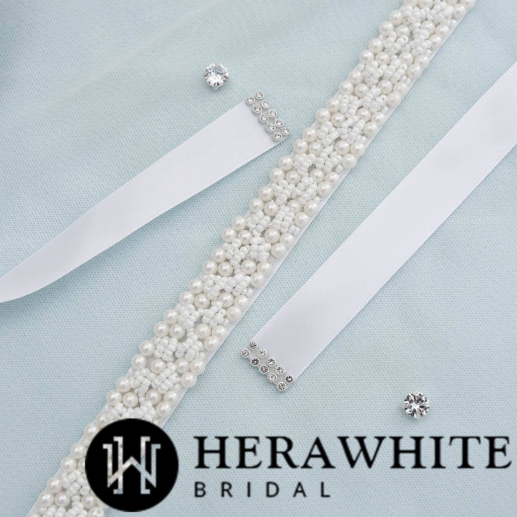Allover Beaded Pearl Bridal Sash