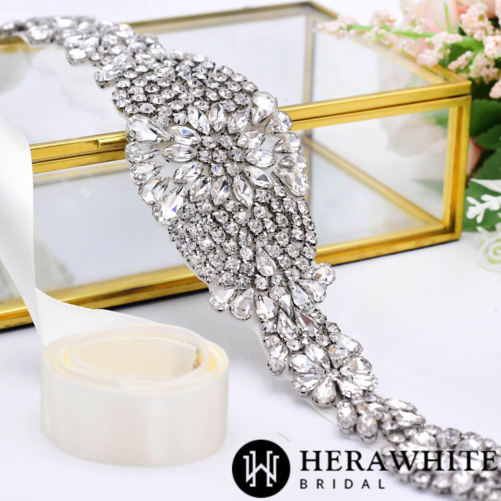 Luxurious Floral Crystals Pearls Bridal Sash