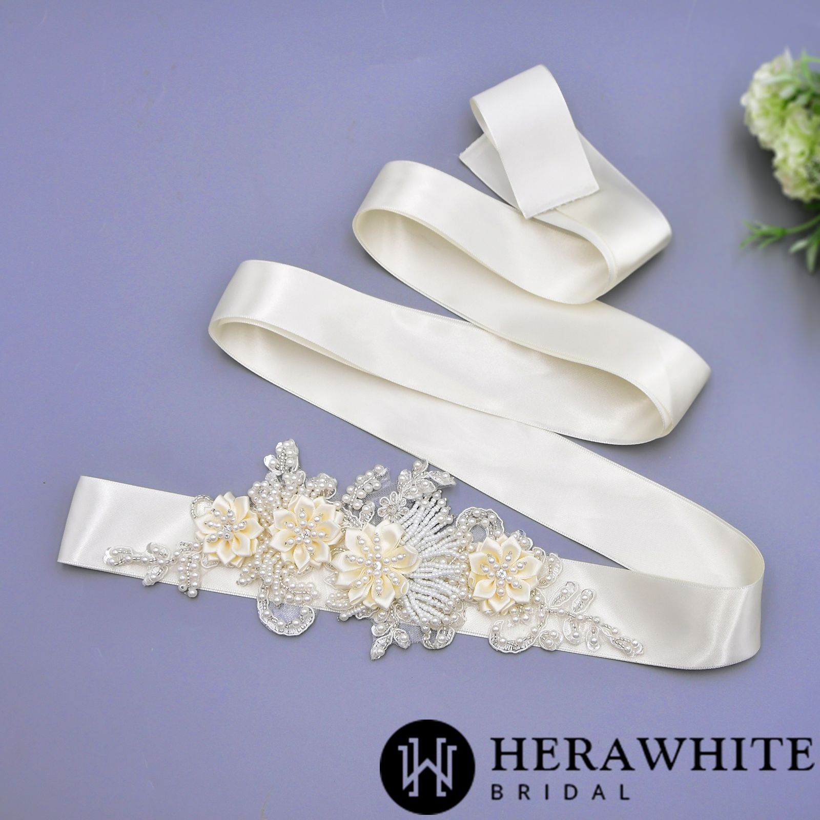 Romantic Flowers Pearl Beaded Satin Bridal Sash