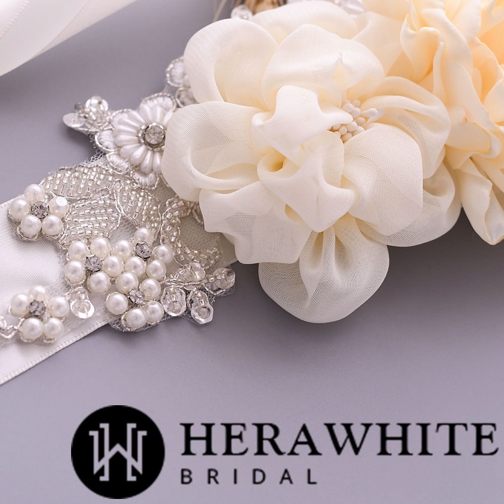 Chiffon Floral Pearl Beaded Bridal Ribbon Sash