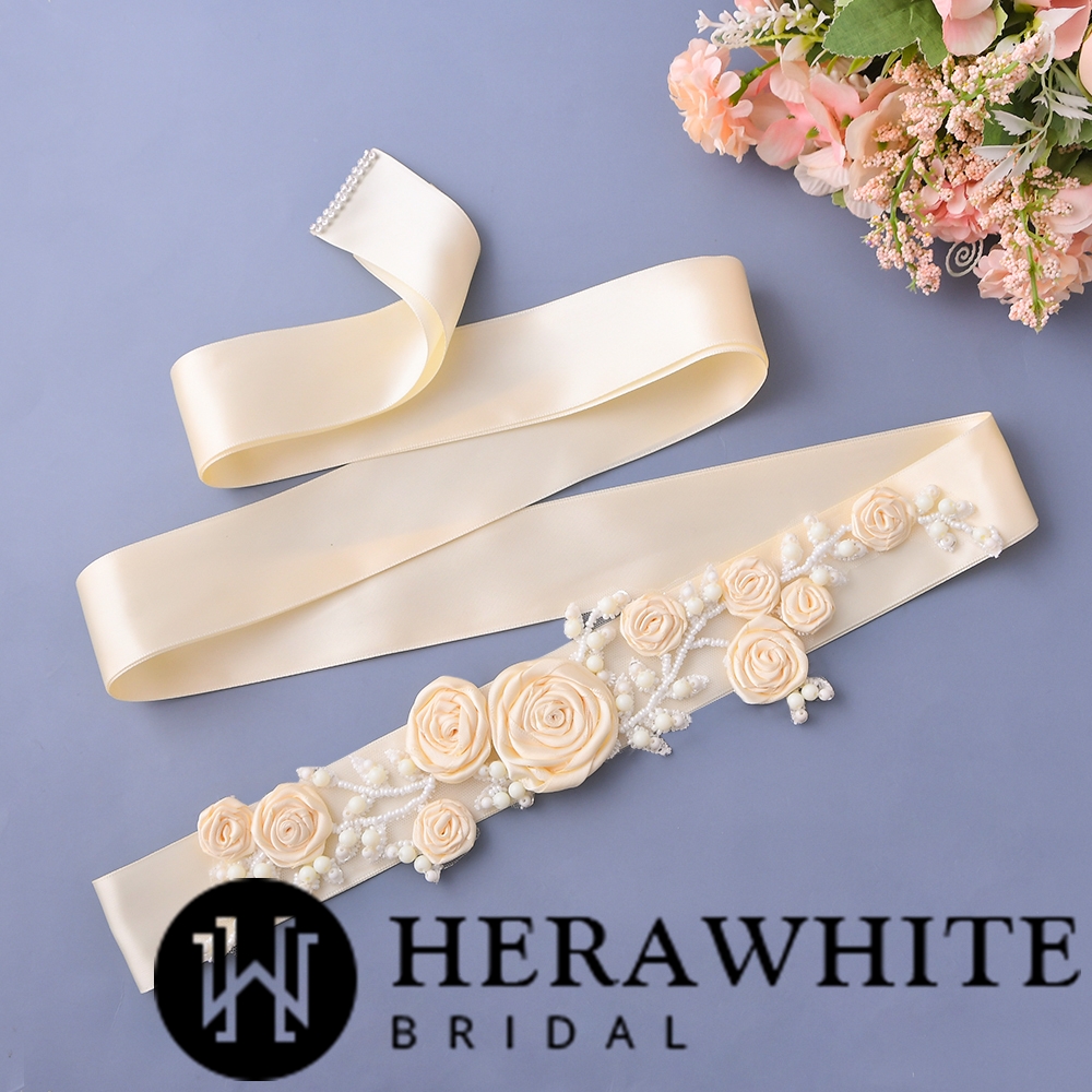 Flowers Satin Bridal Sash with Beads Detail