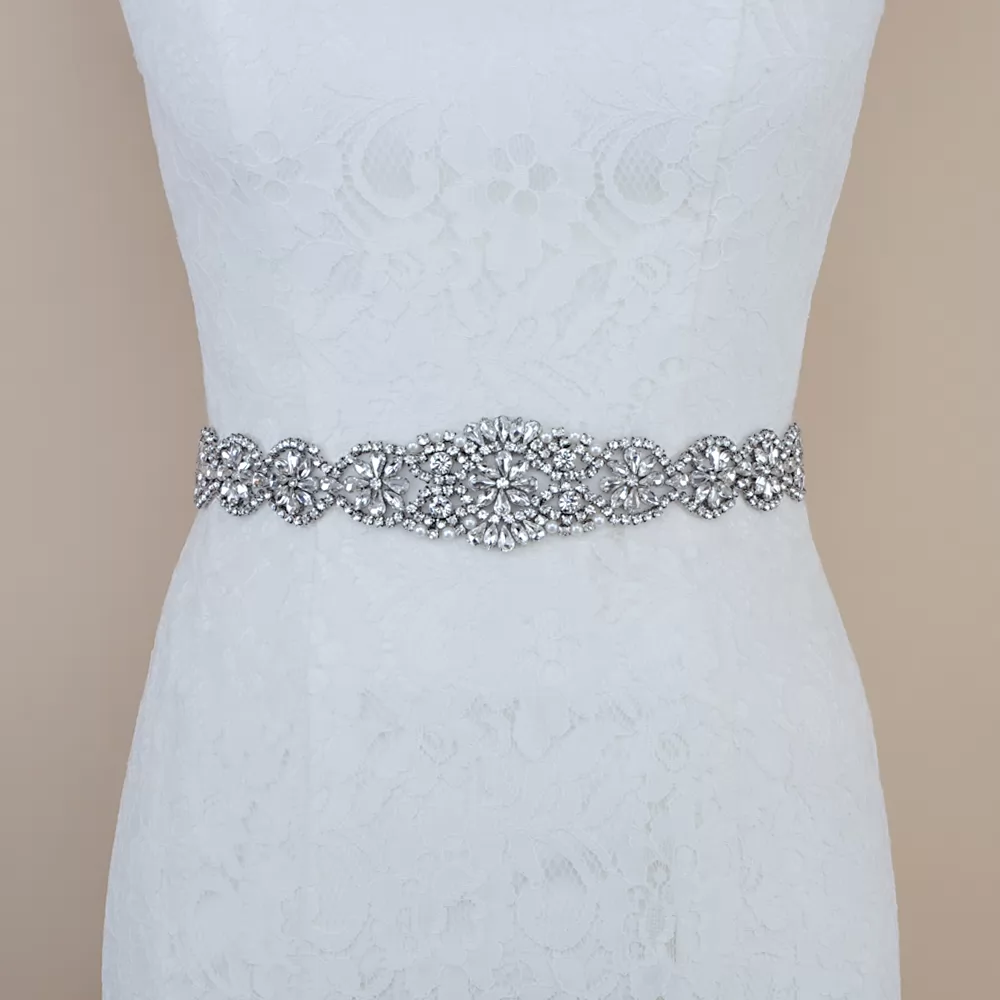 Graduated Scallops Crystals Pearl Satin Bridal Sash