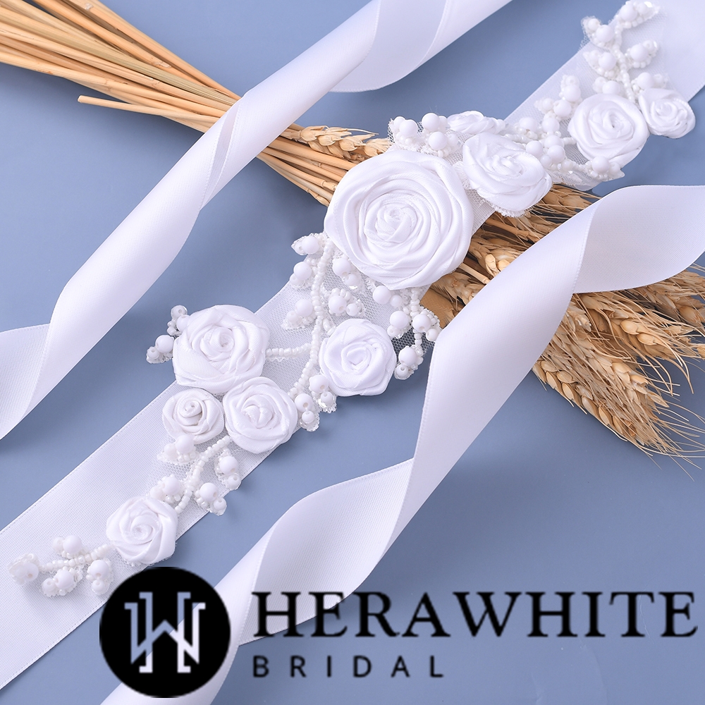 Flowers Satin Bridal Sash with Beads Detail