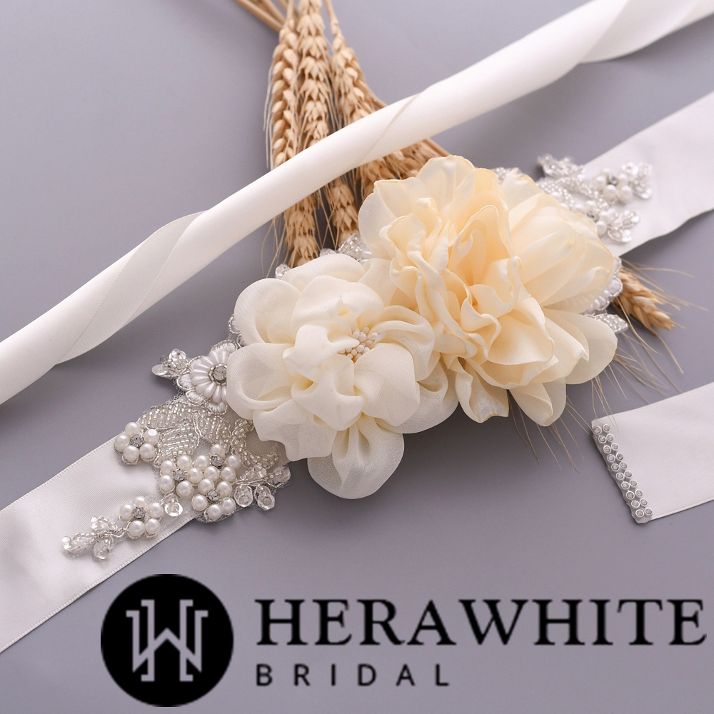 Chiffon Floral Pearl Beaded Bridal Ribbon Sash
