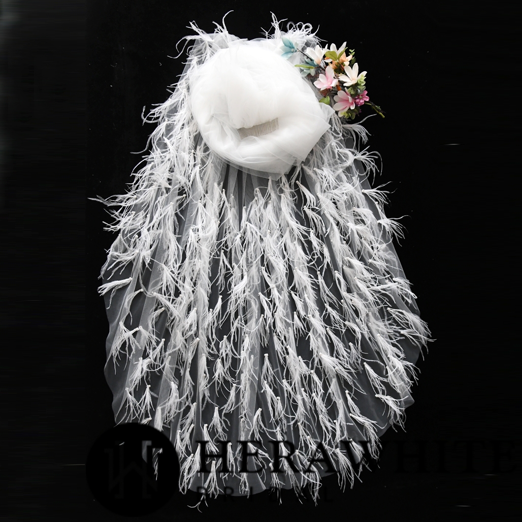 Feather Tulle Cathedral Length Bridal Veil With Hair Comb