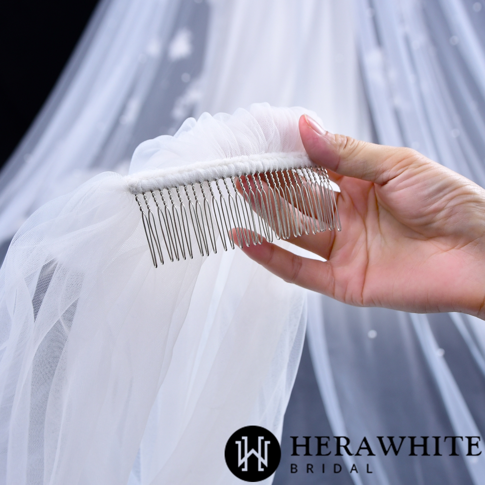 Two-Tie Cathedral Length Beaded Bridal Veil With Hair Comb