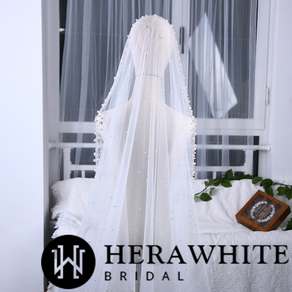 Beaded Cathedral Length One-Tie Tulle Bridal Veil