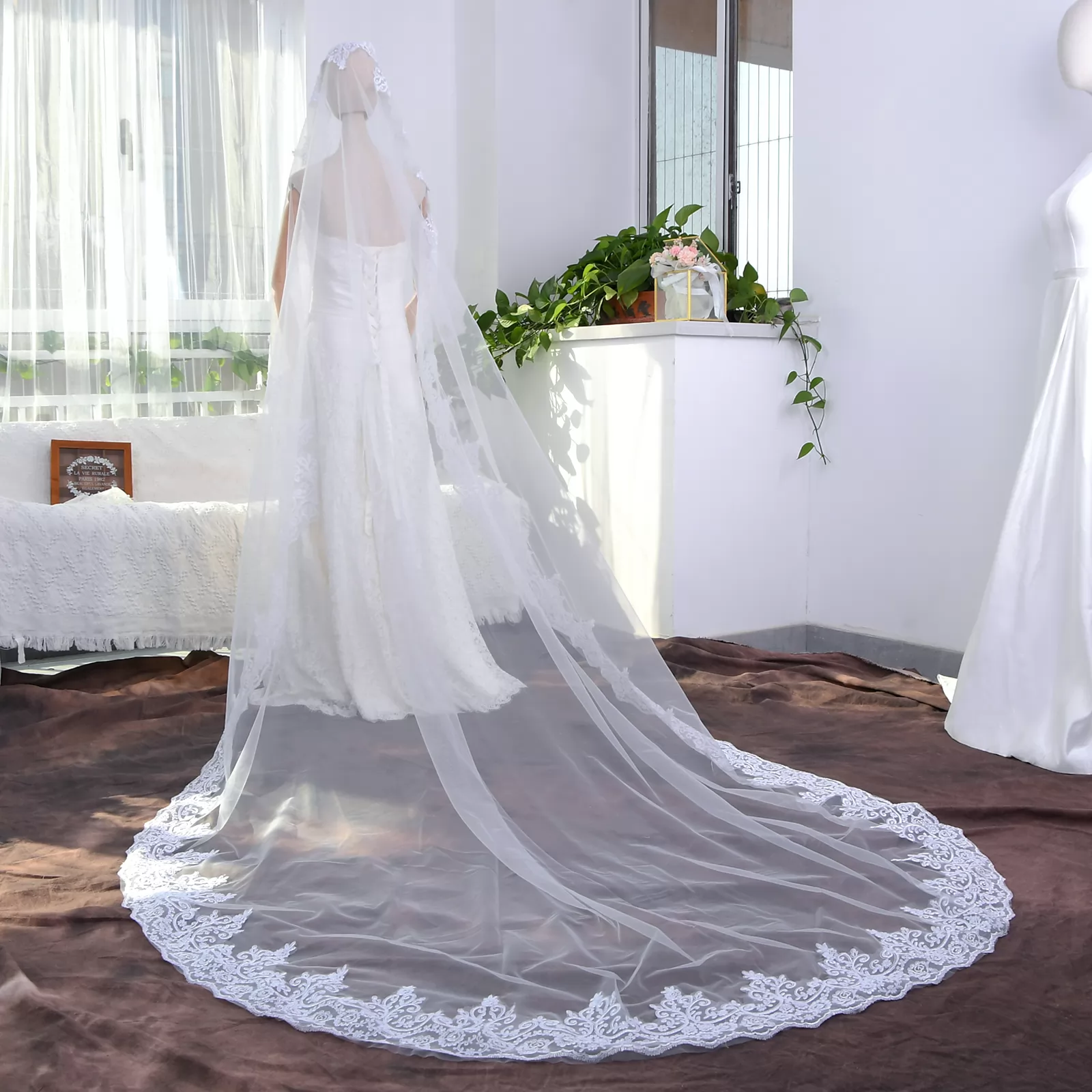 Elegant Lace Appliques Long Chapel Veils Floor Length Wedding Veils V30