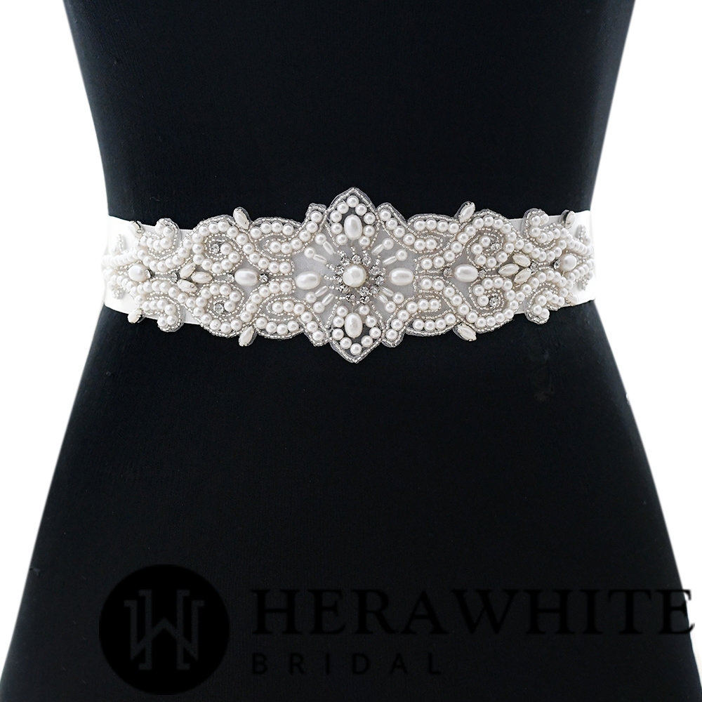 Allover Beaded Pearl and Crystal Bridal Sash