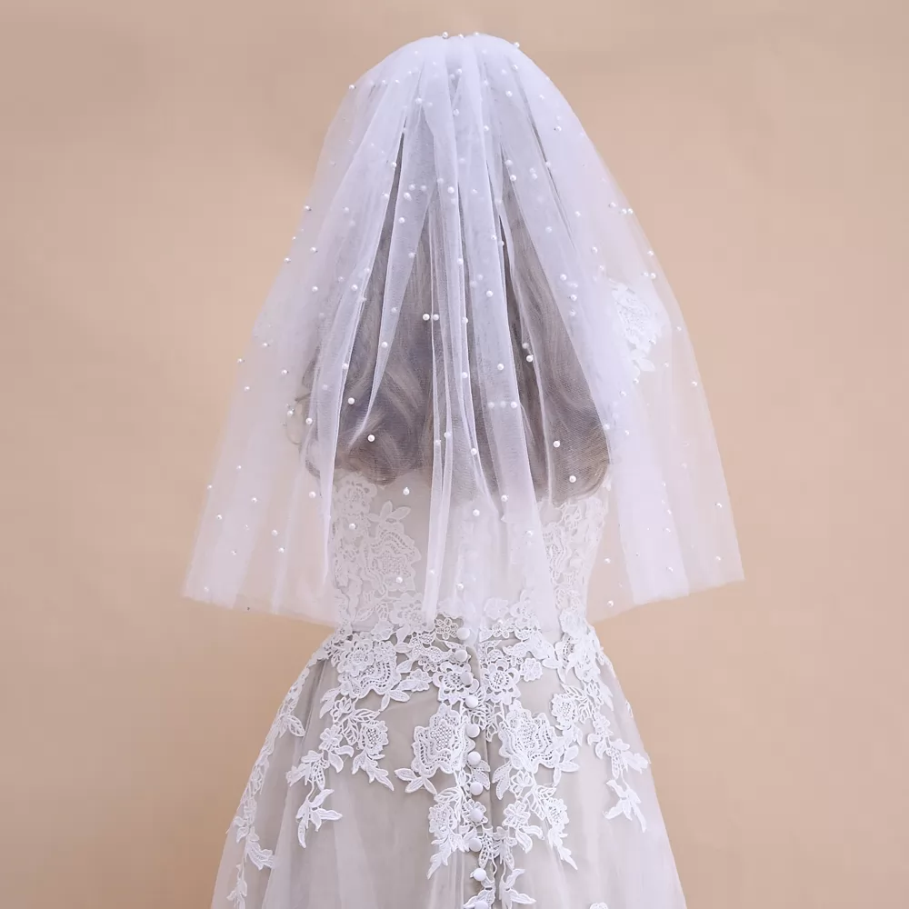 Two-Tie Finger Length Beaded Bridal Veil with Hair Comb