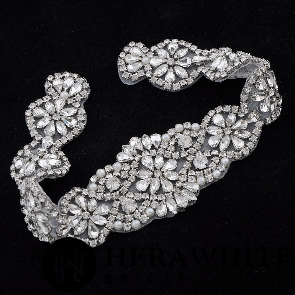 Graduated Scallops Crystals Pearl Satin Bridal Sash