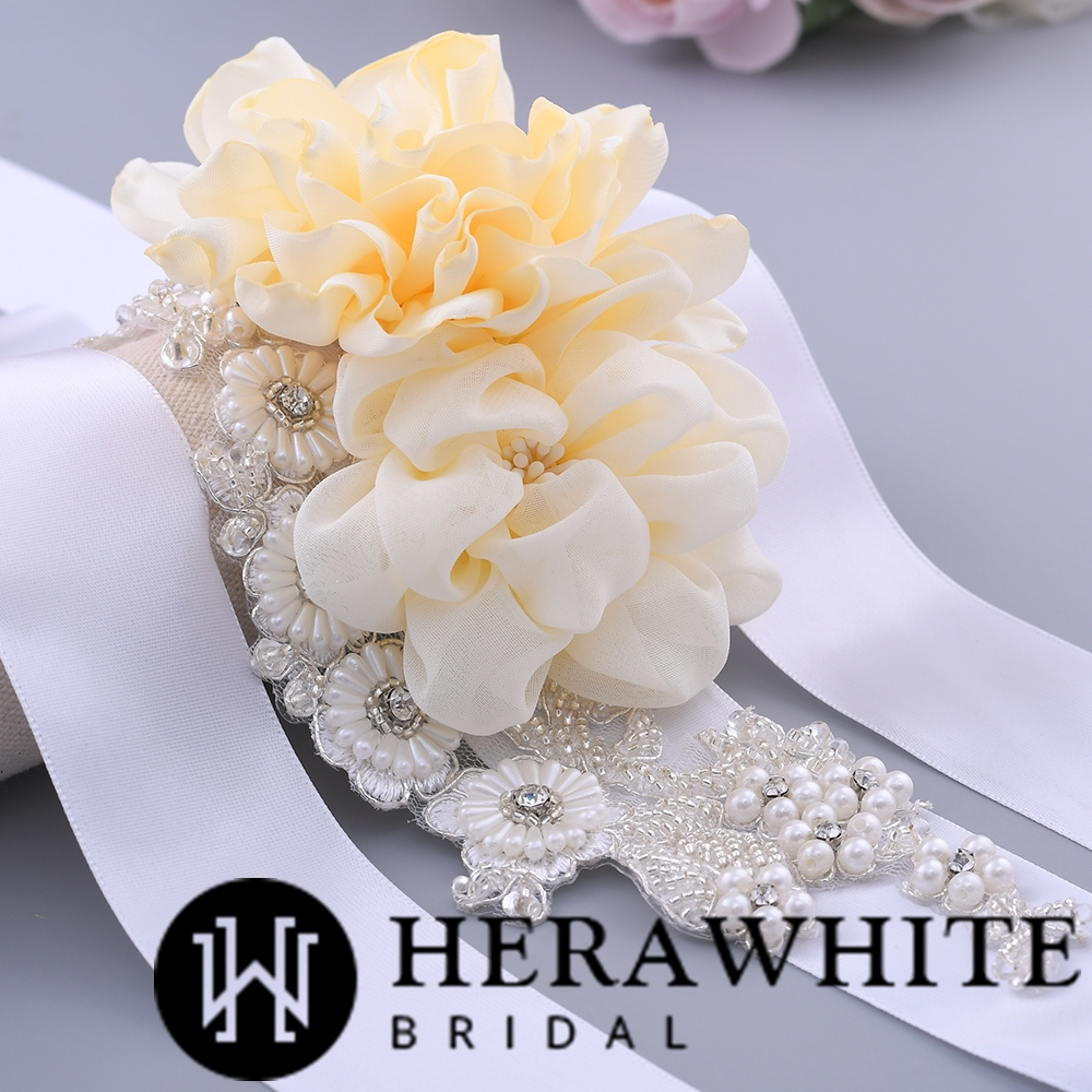Chiffon Floral Pearl Beaded Bridal Ribbon Sash