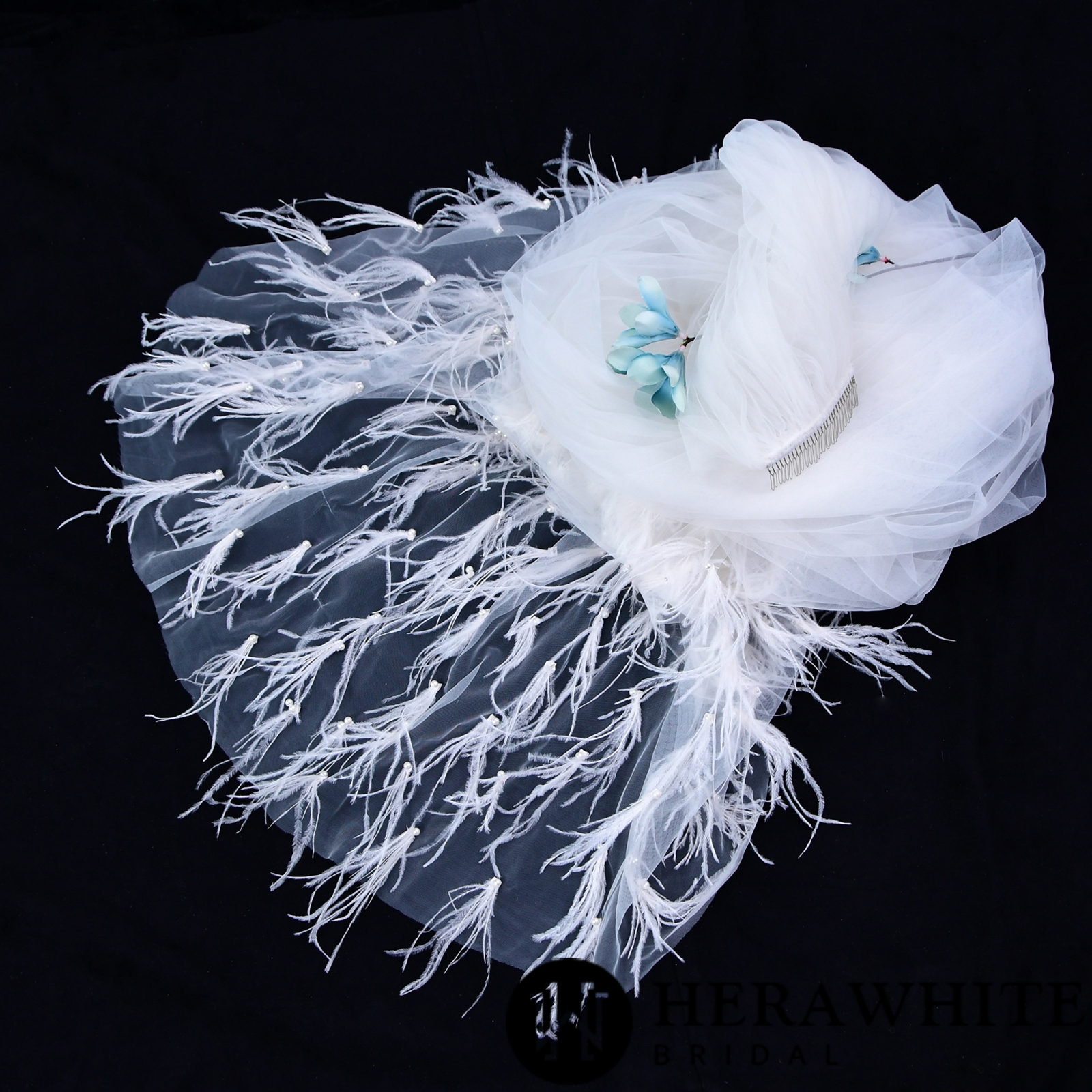 Feather Tulle Cathedral Length Bridal Veil With Hair Comb