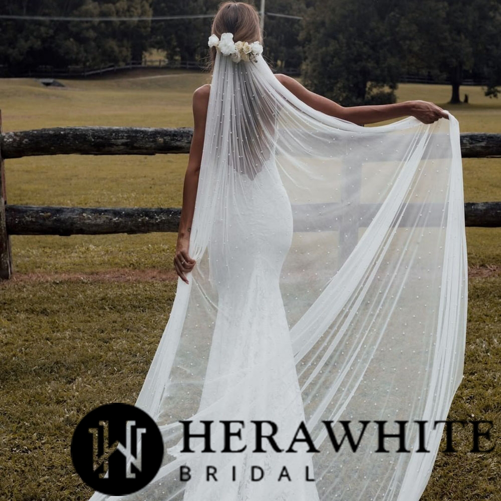 Two-Tie Cathedral Length Beaded Bridal Veil With Hair Comb