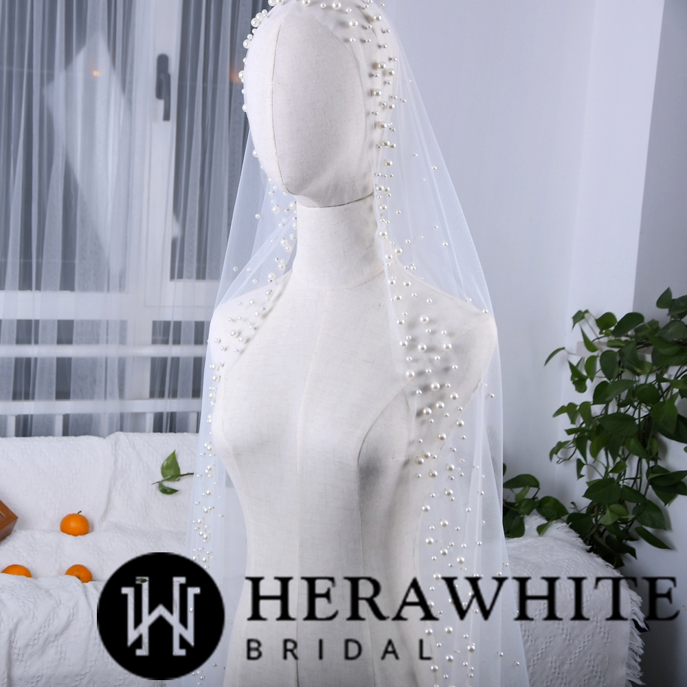 Beaded Cathedral Length One-Tie Tulle Bridal Veil