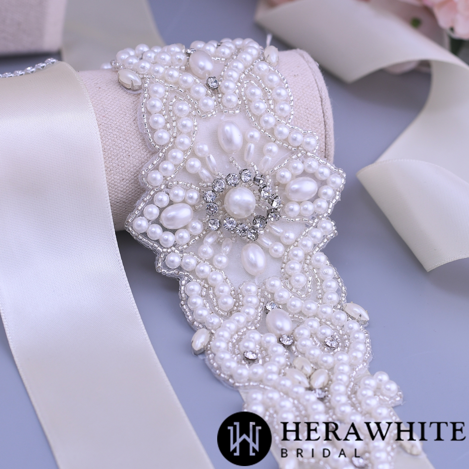 Allover Beaded Pearl and Crystal Bridal Sash