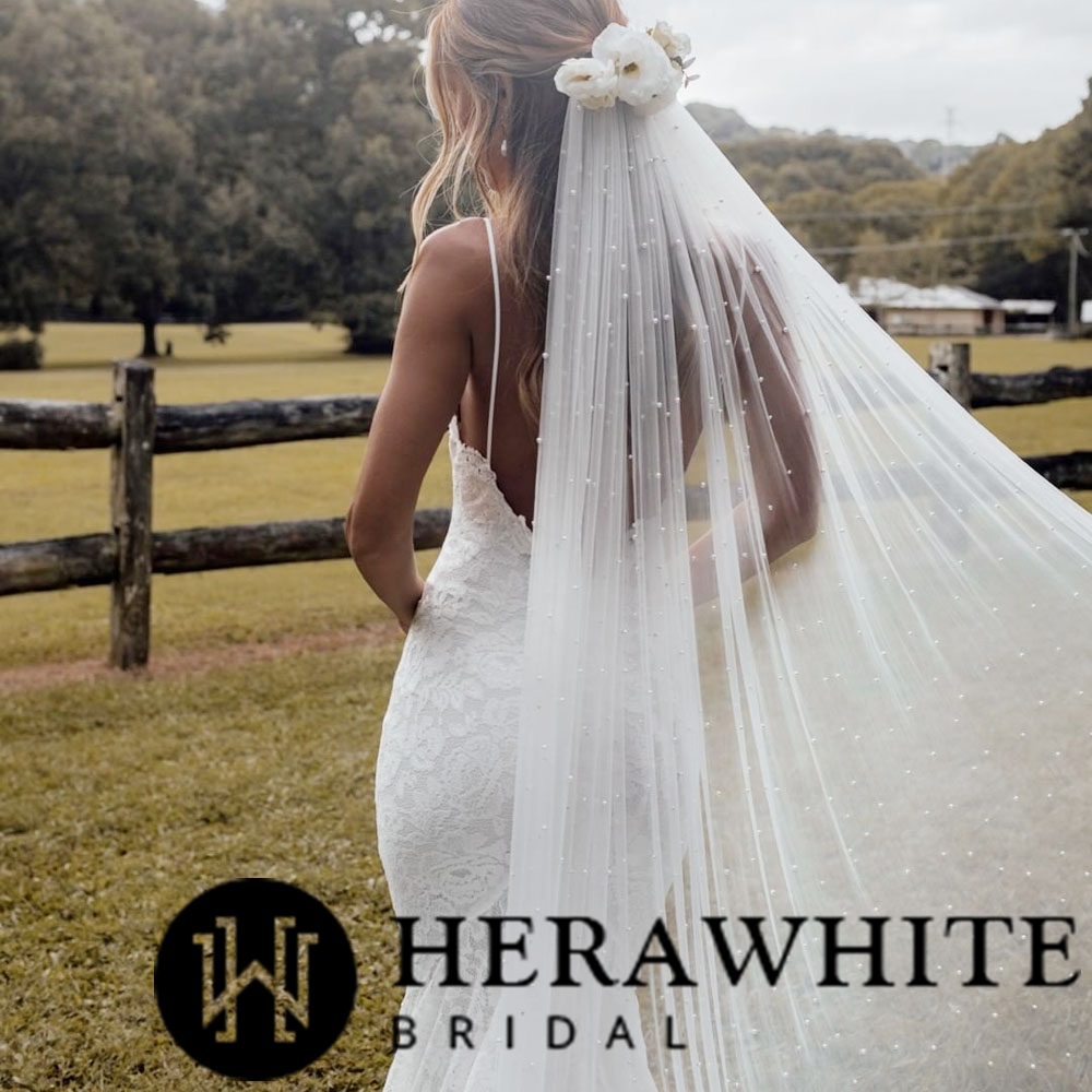 Two-Tie Cathedral Length Beaded Bridal Veil With Hair Comb