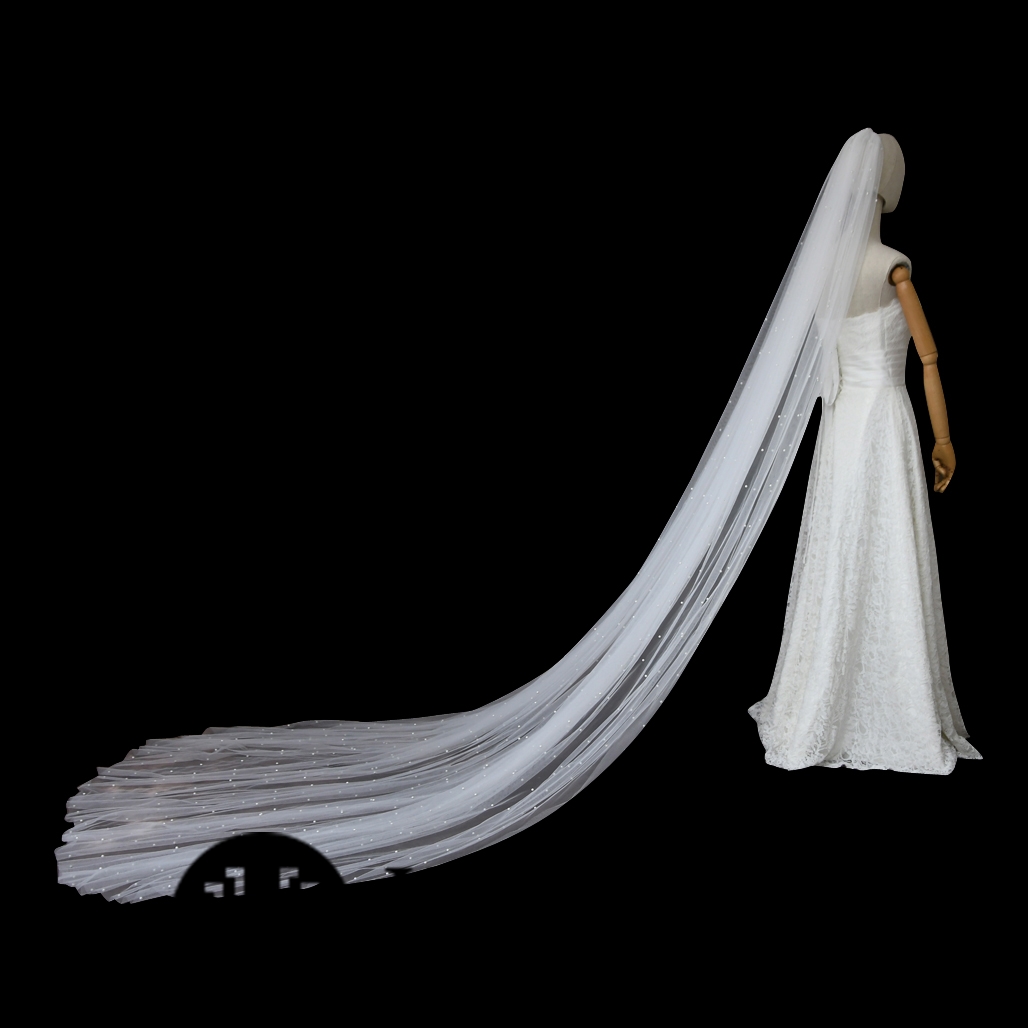 Two-Tie Cathedral Length Beaded Bridal Veil With Hair Comb