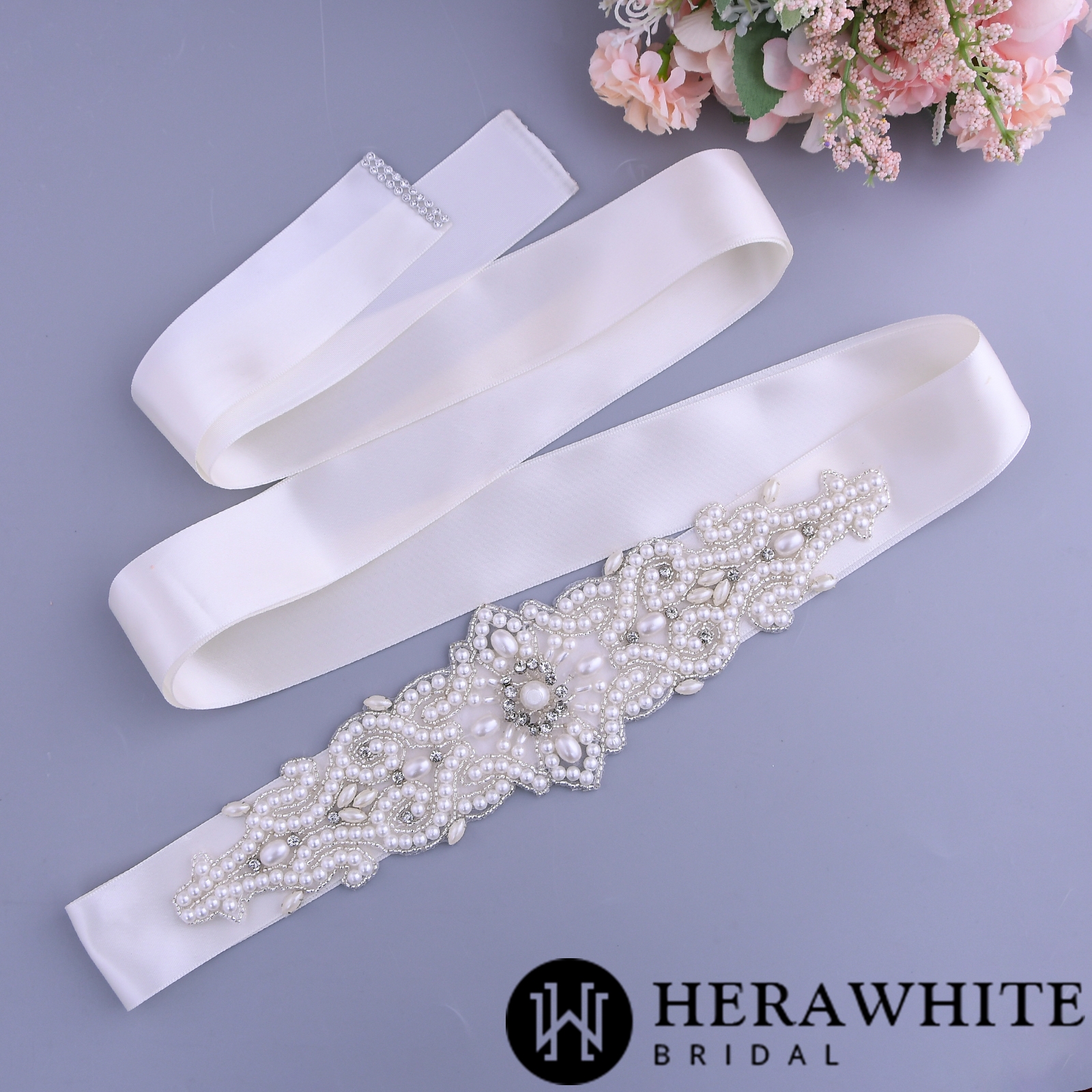 Allover Beaded Pearl and Crystal Bridal Sash