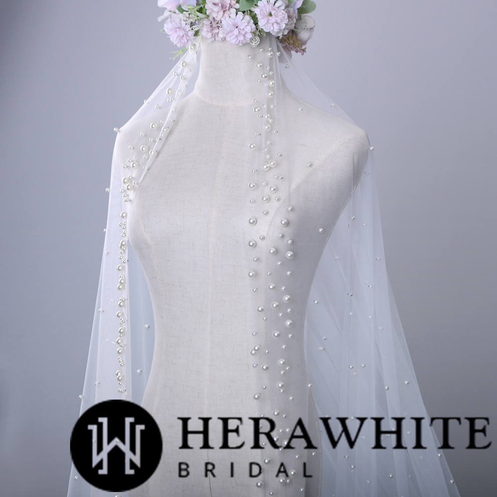 Beaded Cathedral Length One-Tie Tulle Bridal Veil