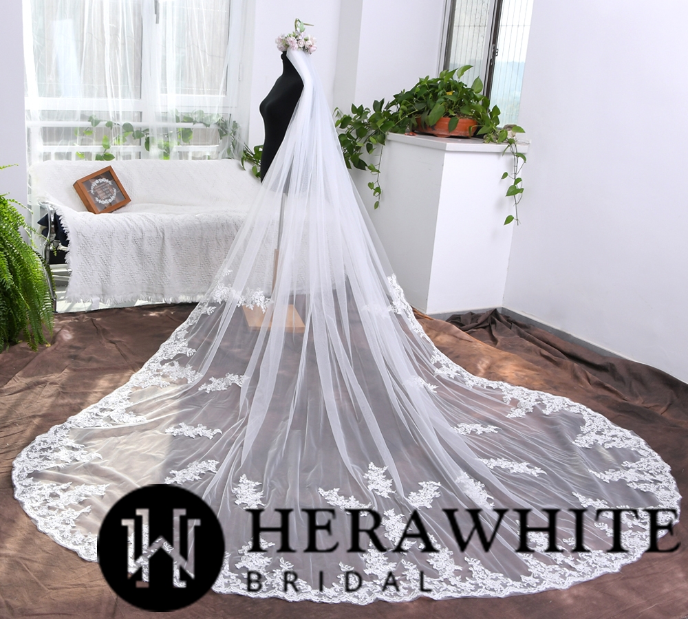 Elegant Lace Appliquéd Cathedral Length Bridal Veil