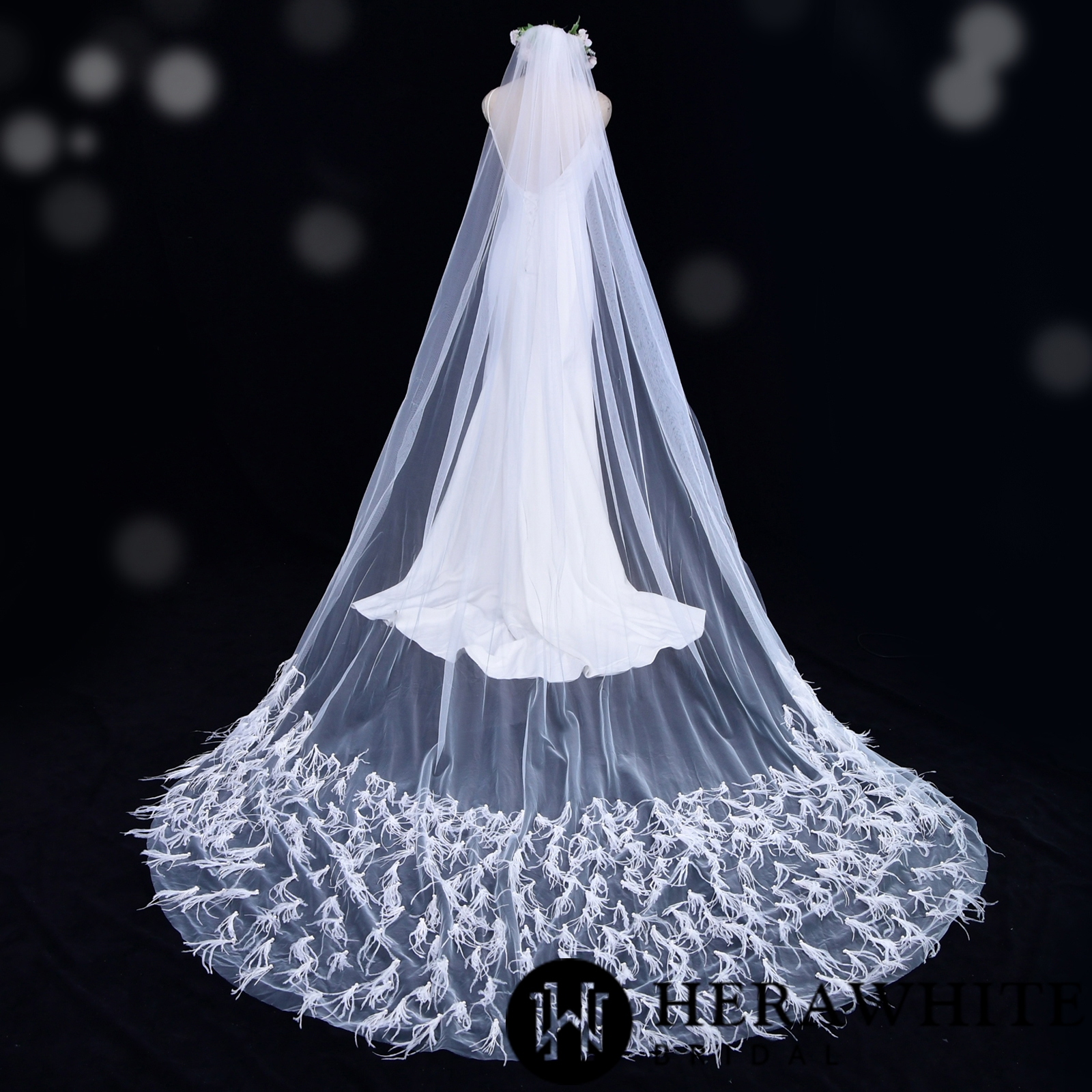 Feather Tulle Cathedral Length Bridal Veil With Hair Comb