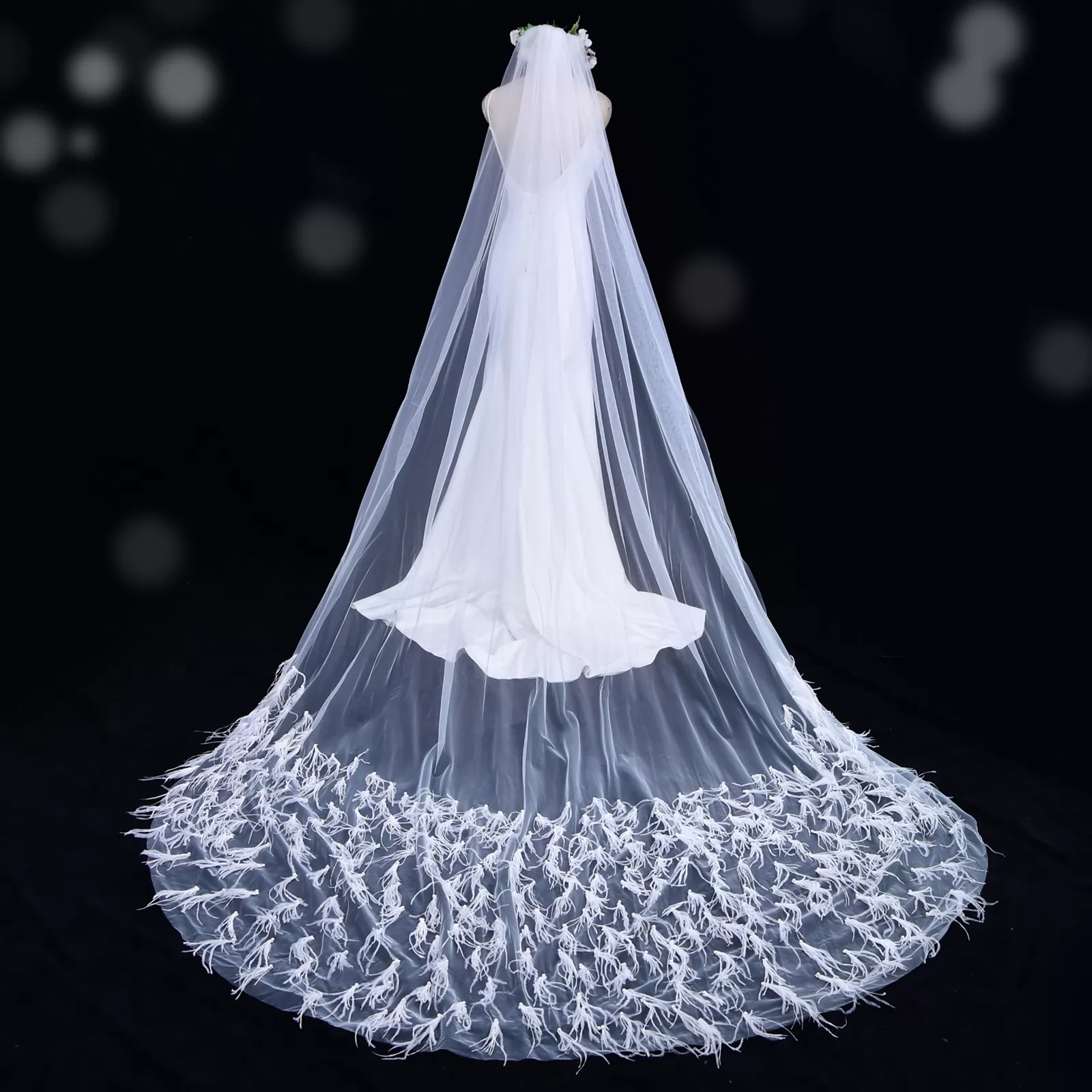 Feather Tulle Cathedral Length Bridal Veil With Hair Comb