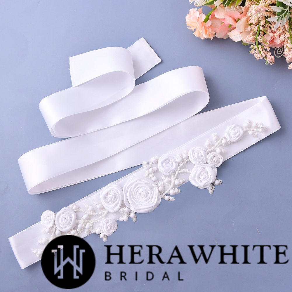 Flowers Satin Bridal Sash with Beads Detail