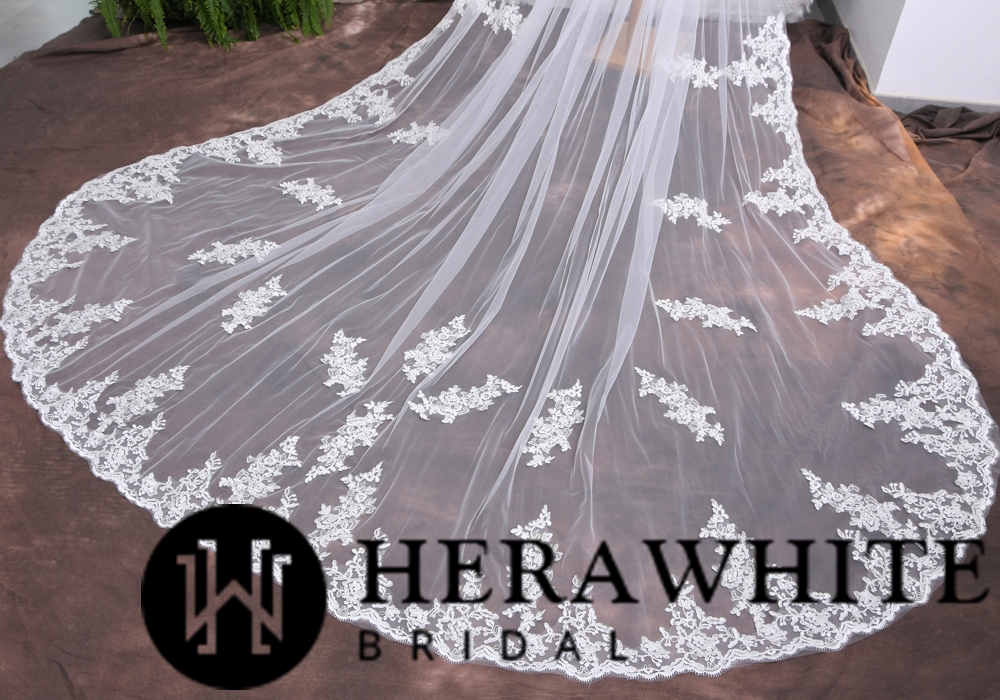 Elegant Lace Appliquéd Cathedral Length Bridal Veil