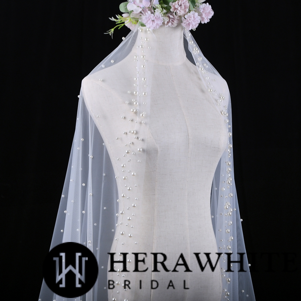 Beaded Cathedral Length One-Tie Tulle Bridal Veil