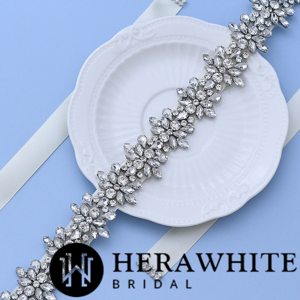 Crystal Floral Ribbon Bridal Sash