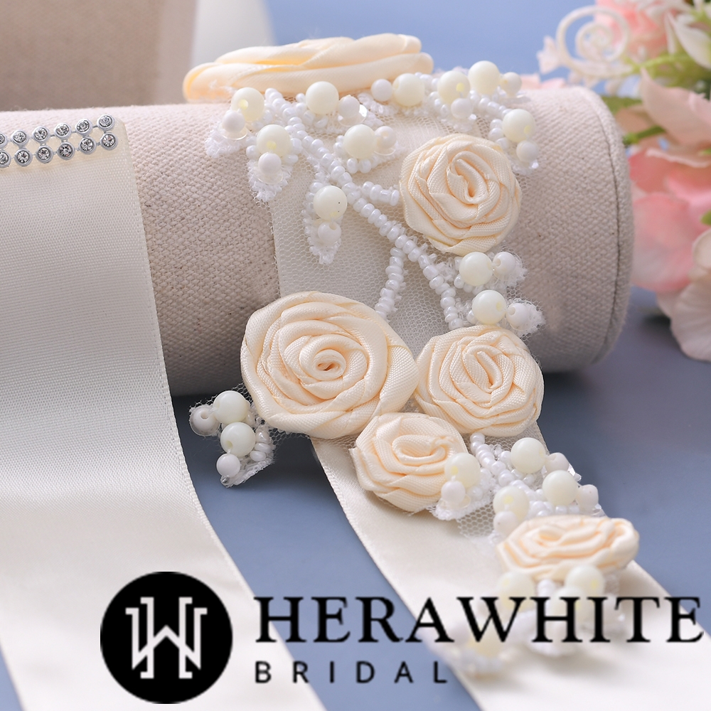 Flowers Satin Bridal Sash with Beads Detail