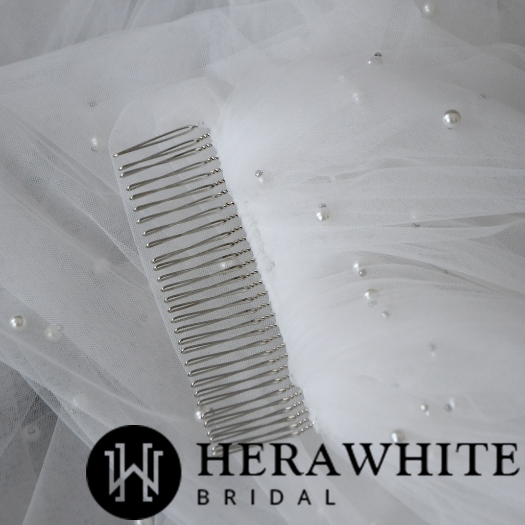 Two-Tie Cathedral Length Beaded Bridal Veil With Hair Comb