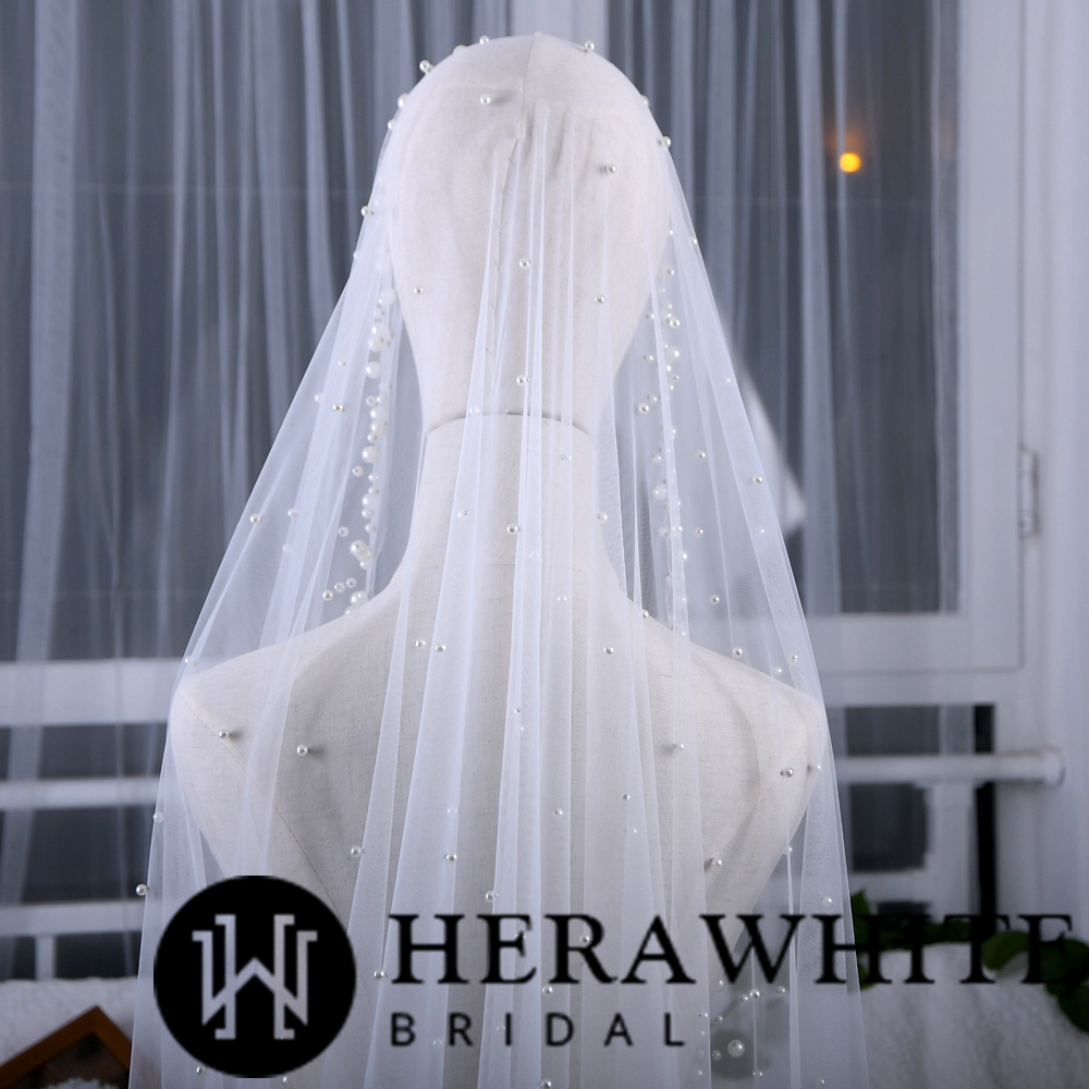 Beaded Cathedral Length One-Tie Tulle Bridal Veil