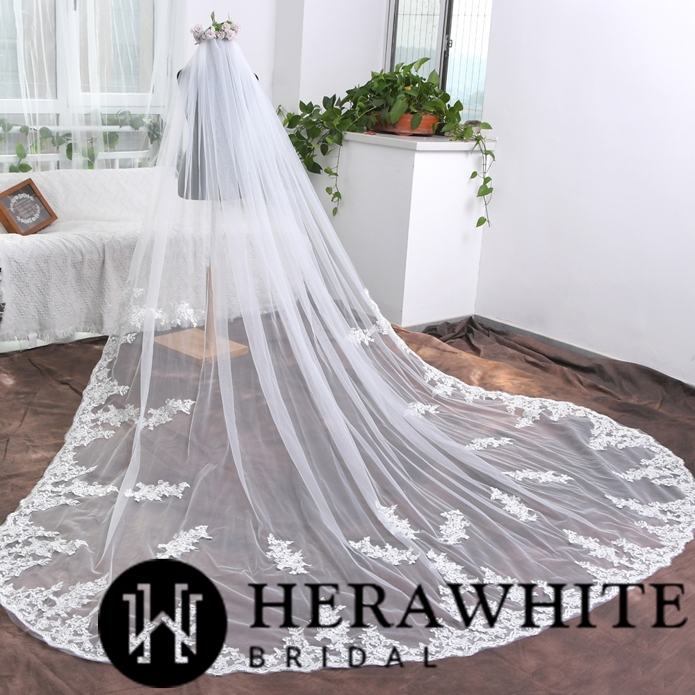 Elegant Lace Appliquéd Cathedral Length Bridal Veil