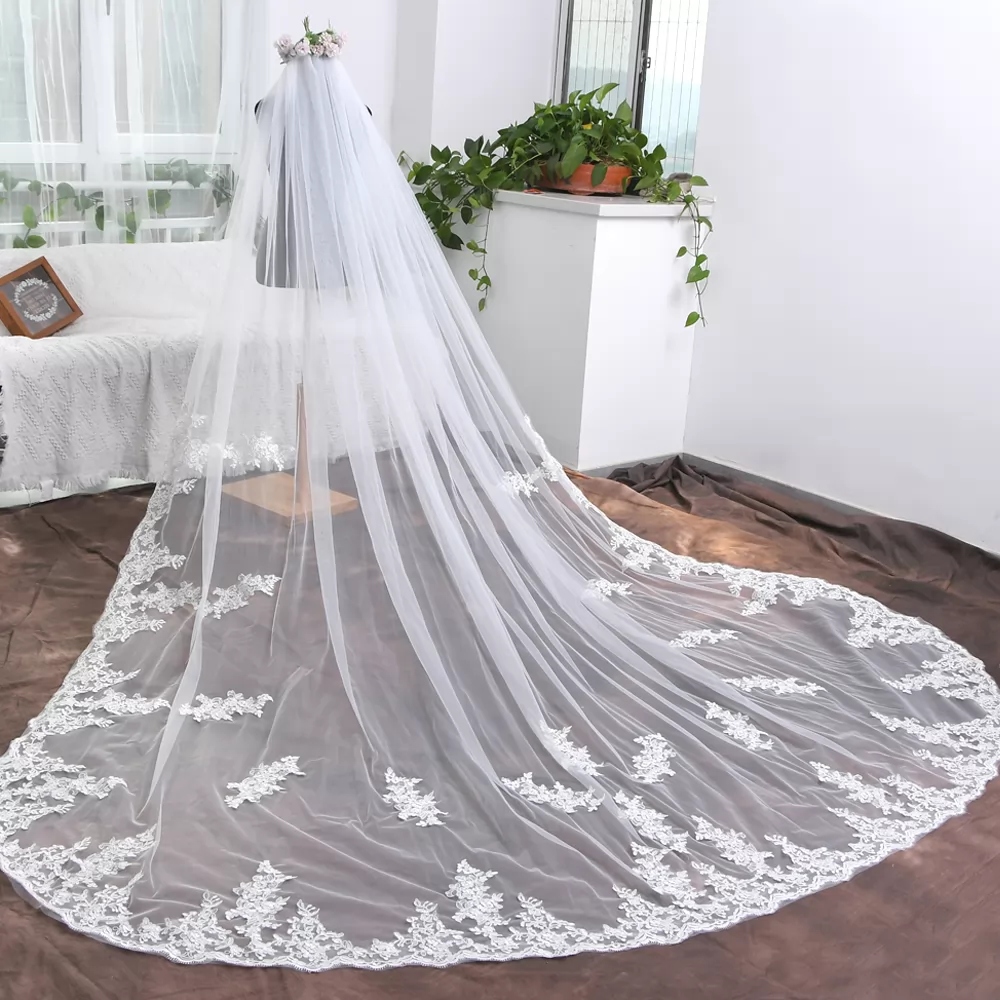 Elegant Lace Appliquéd Cathedral Length Bridal Veil