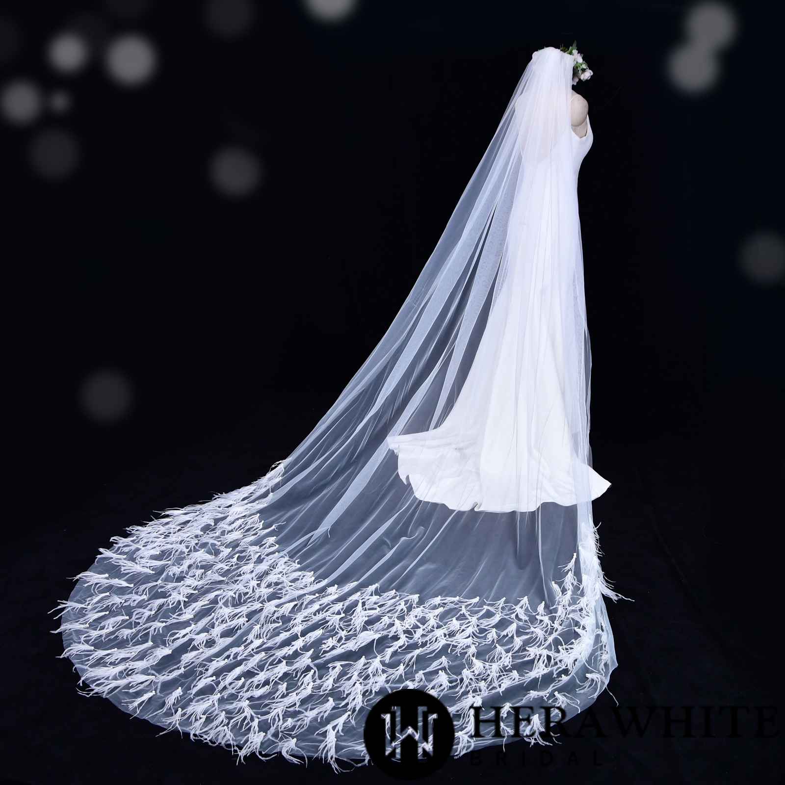 Feather Tulle Cathedral Length Bridal Veil With Hair Comb