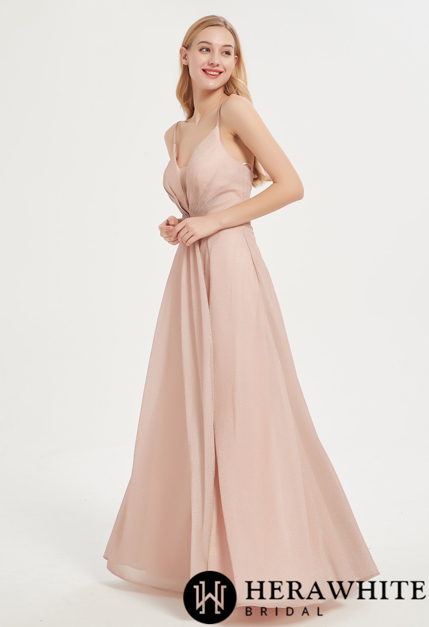 V-neck Shinny Bridesmaid Dress with Criss Cross Back