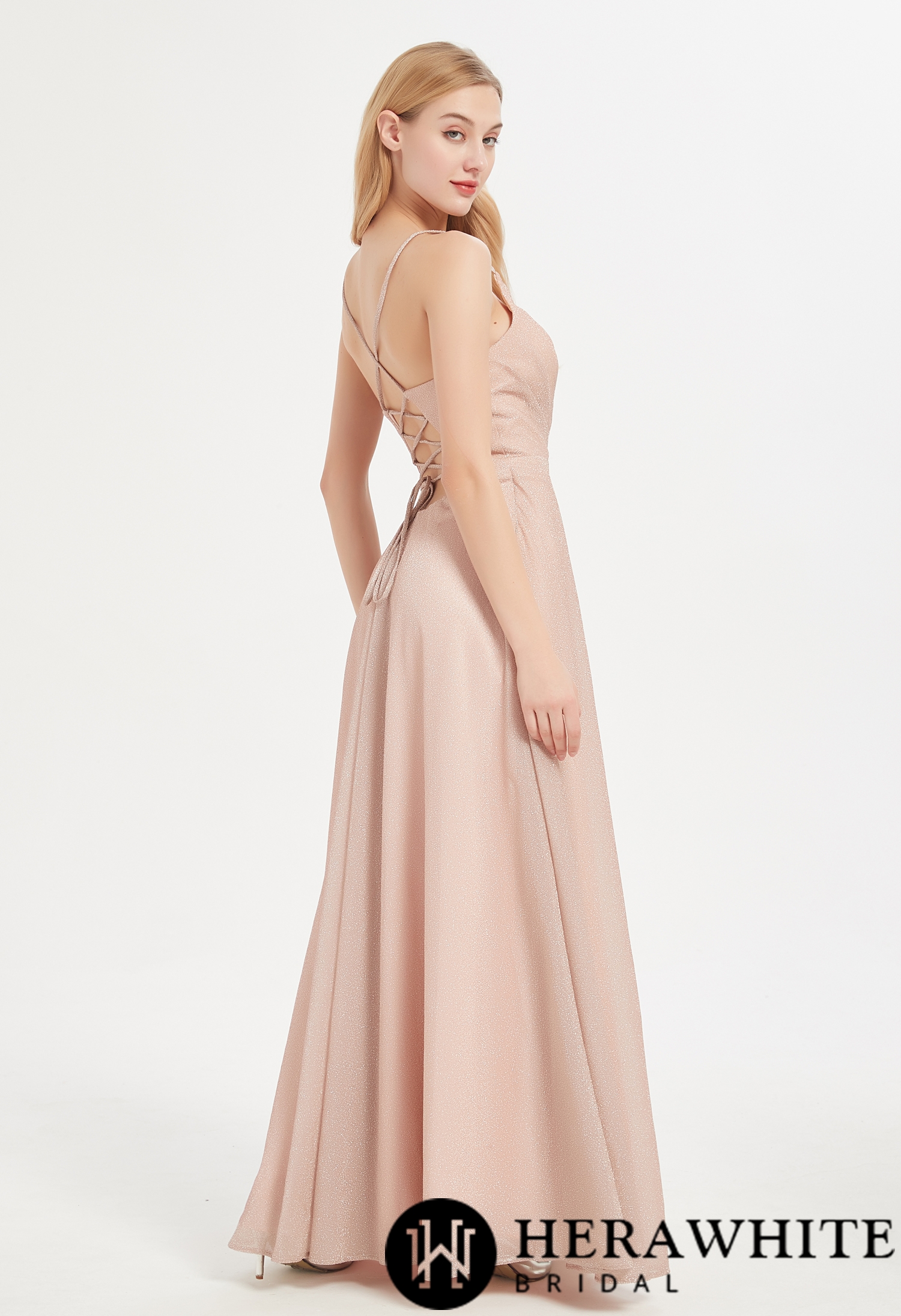 V-neck Shinny Bridesmaid Dress with Criss Cross Back