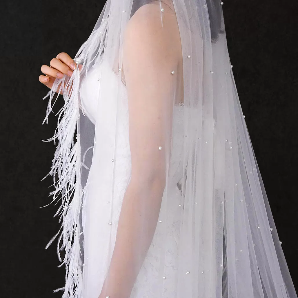 HW Veil Waltz-Length Bridal Veil Scattered with Pearls